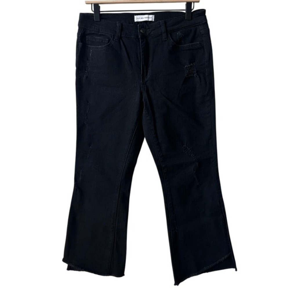 Flying Monkey Black Cropped Flare Jeans Distressed Raw Hem Side‎ Slit Y2268BK